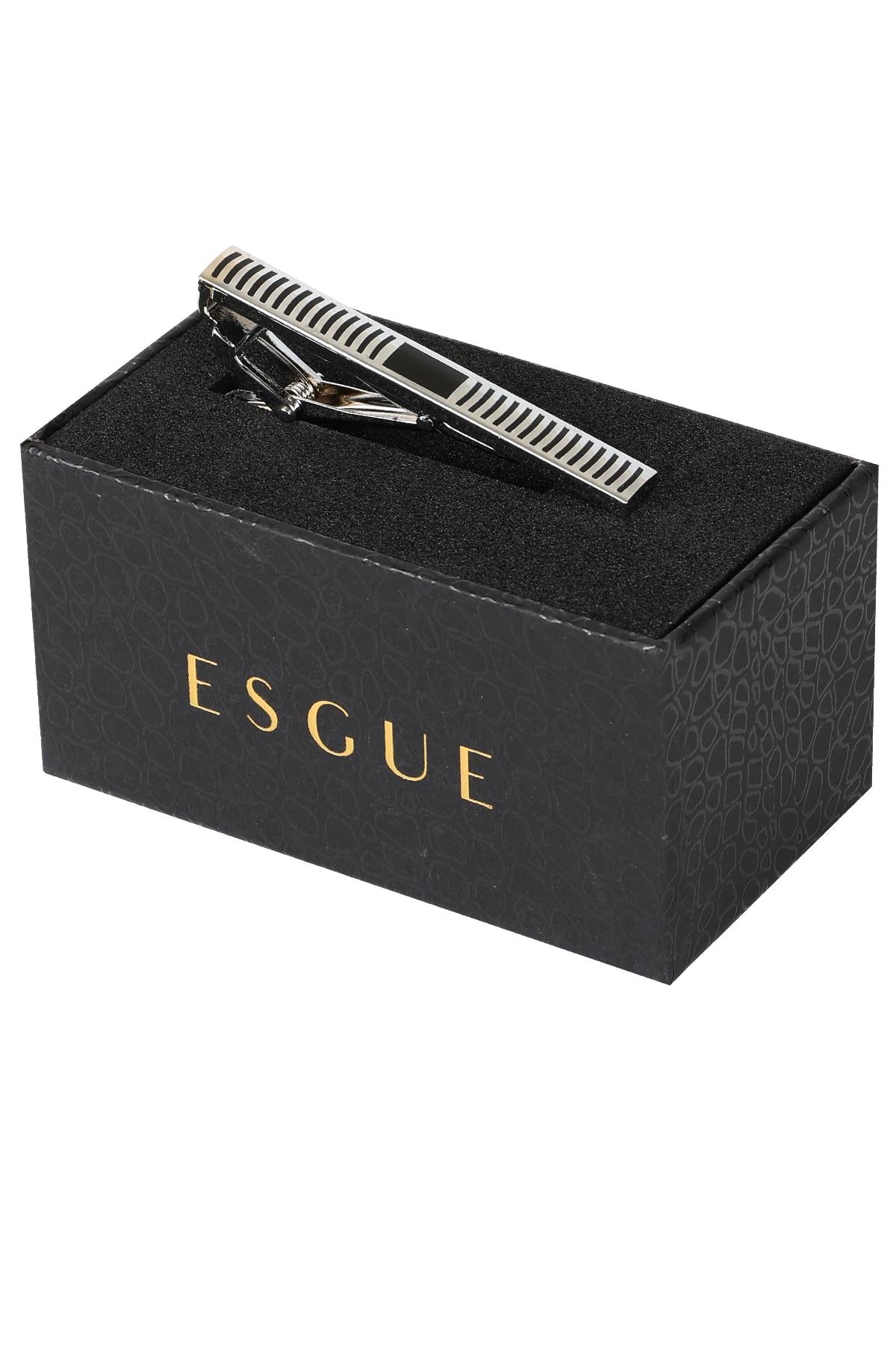 Esgue Gümüş Renk Çizgili Minimal Modern Kravat Klipsi – KM:1302