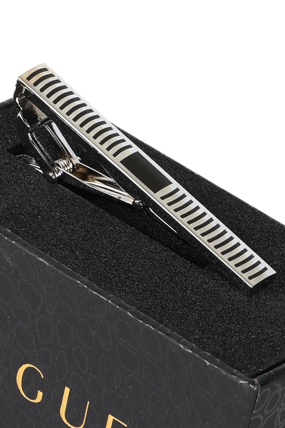 Esgue Gümüş Renk Çizgili Minimal Modern Kravat Klipsi – KM:1302