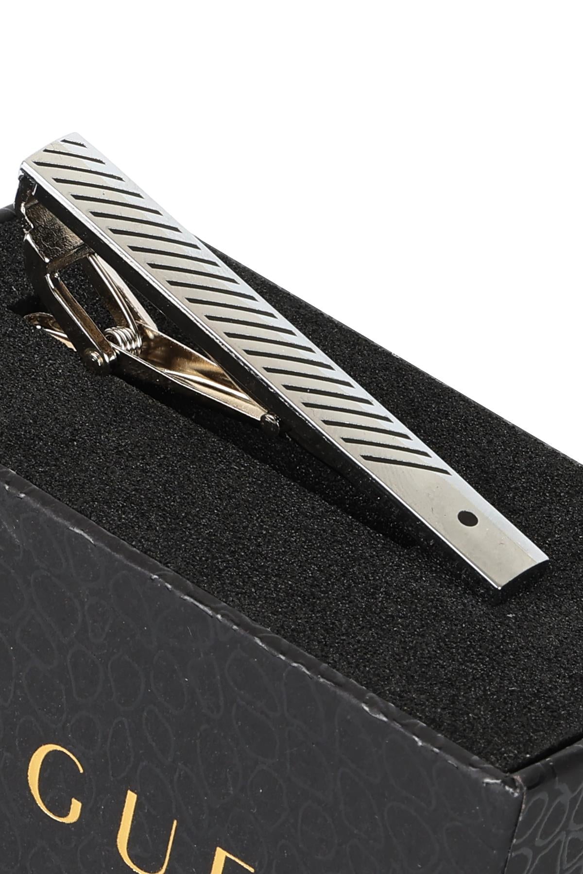 Esgue Gümüş Siyah Renk Çizgili Desenli Şık Kravat Klipsi – KM:1308