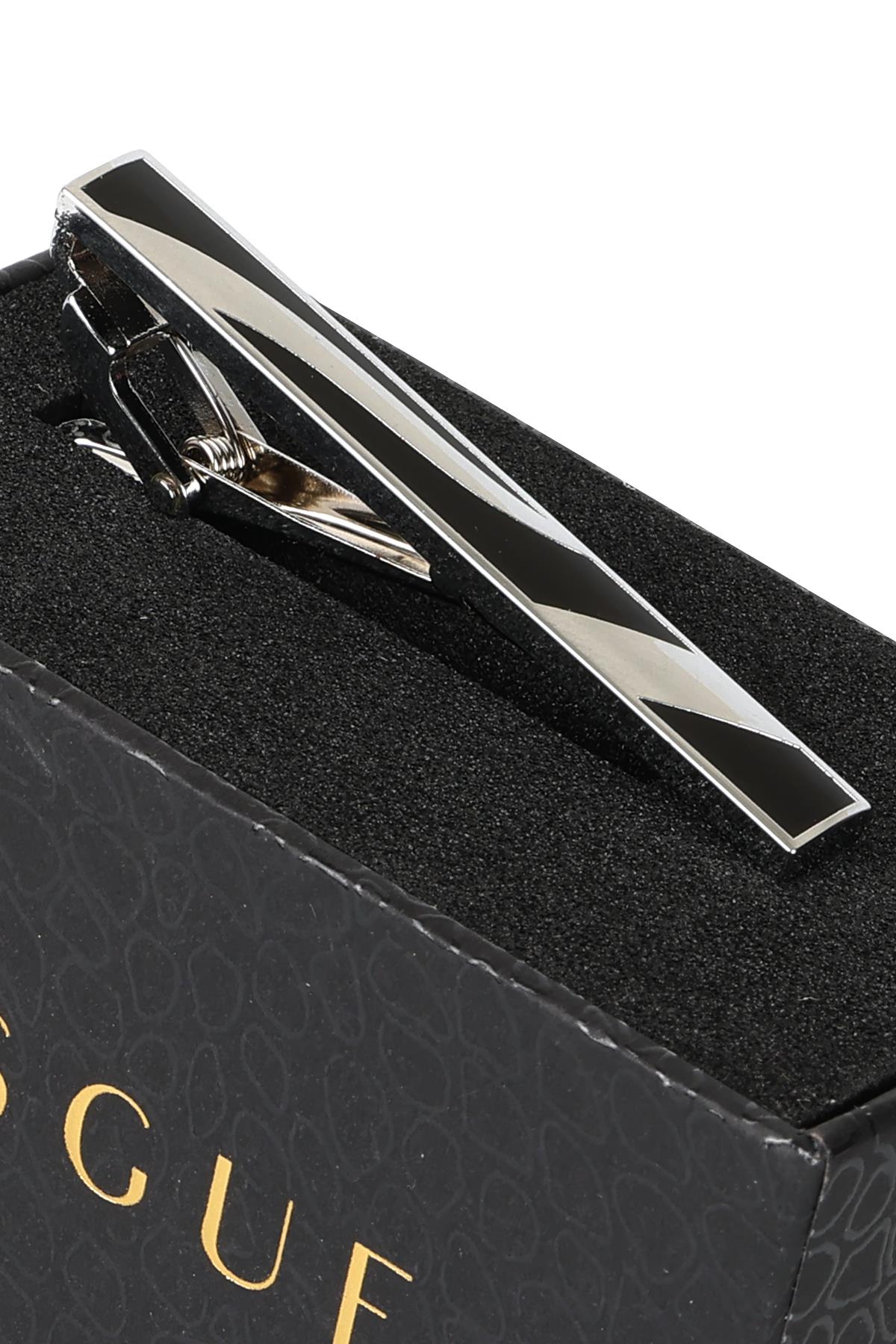 Esgue Gümüş Siyah Renk Çizgili Modern Kravat Klipsi – KM:1307