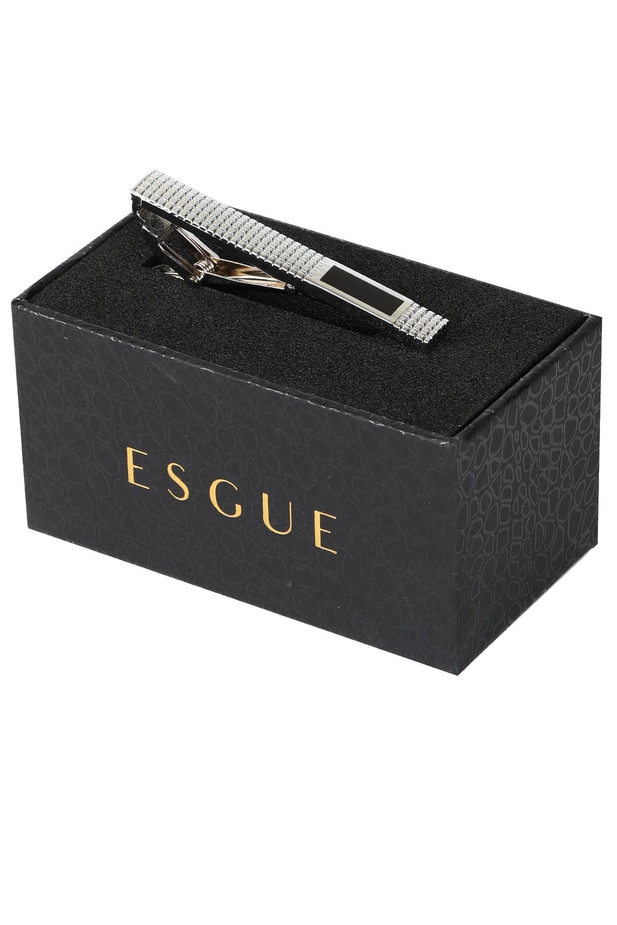 Esgue Gümüş Siyah Renk Dikdörtgen Desenli Şık Kravat Klipsi – KM:1303