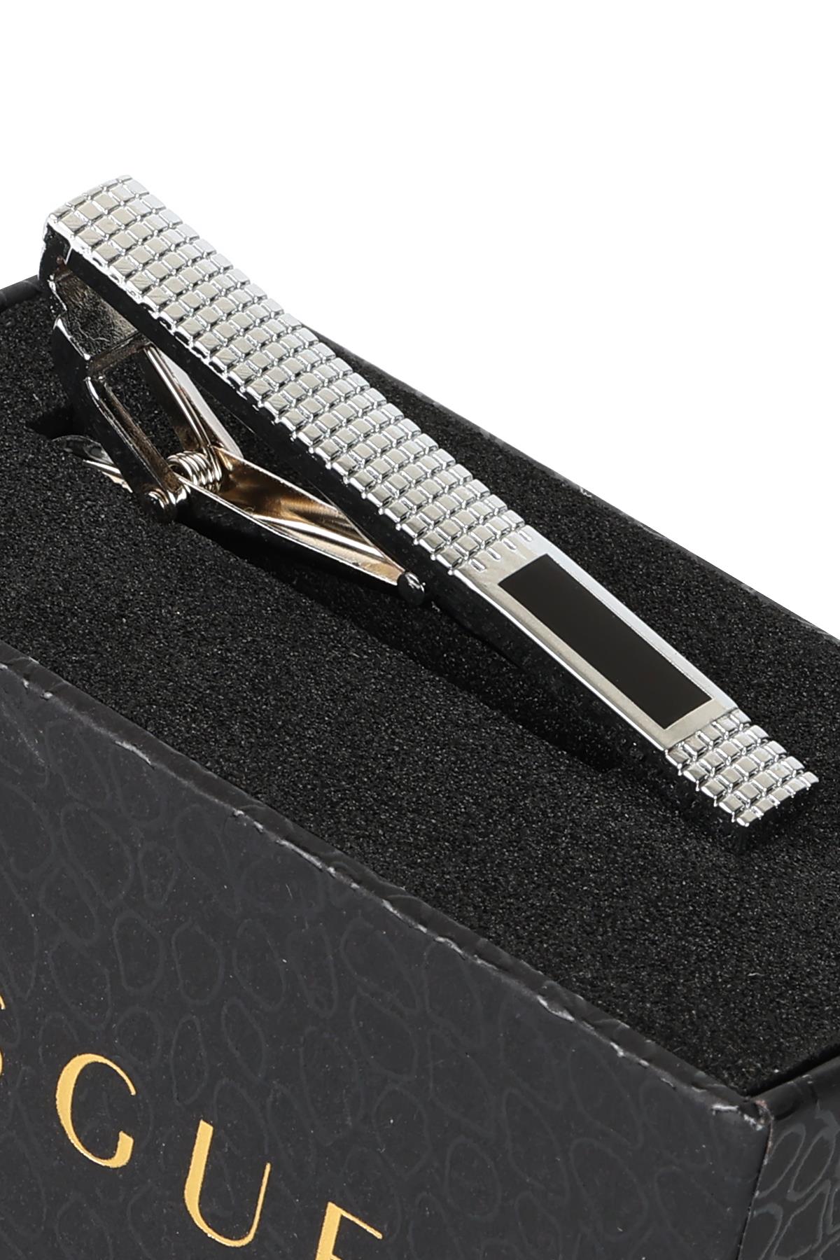 Esgue Gümüş Siyah Renk Dikdörtgen Desenli Şık Kravat Klipsi – KM:1303