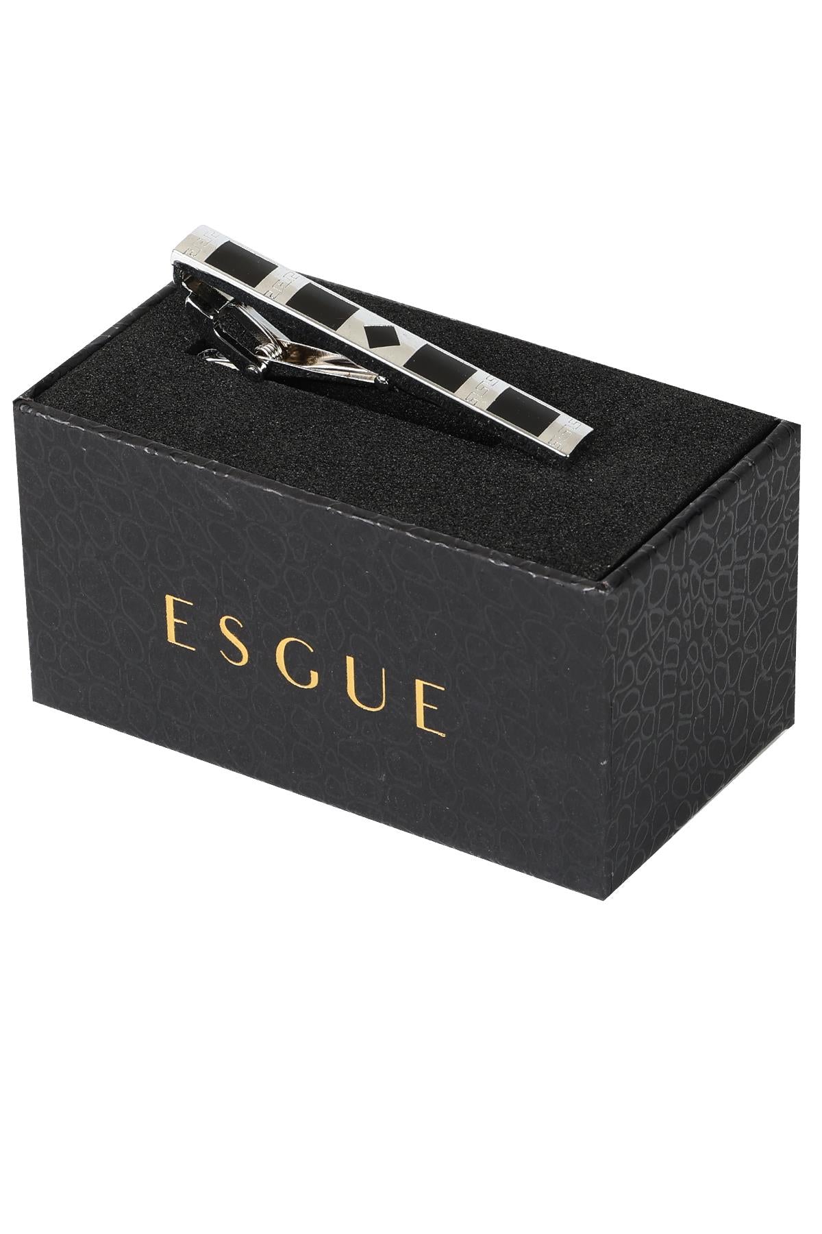 Esgue Gümüş Siyah Renk Kare Desenli Modern Kravat Klipsi – KM:1311