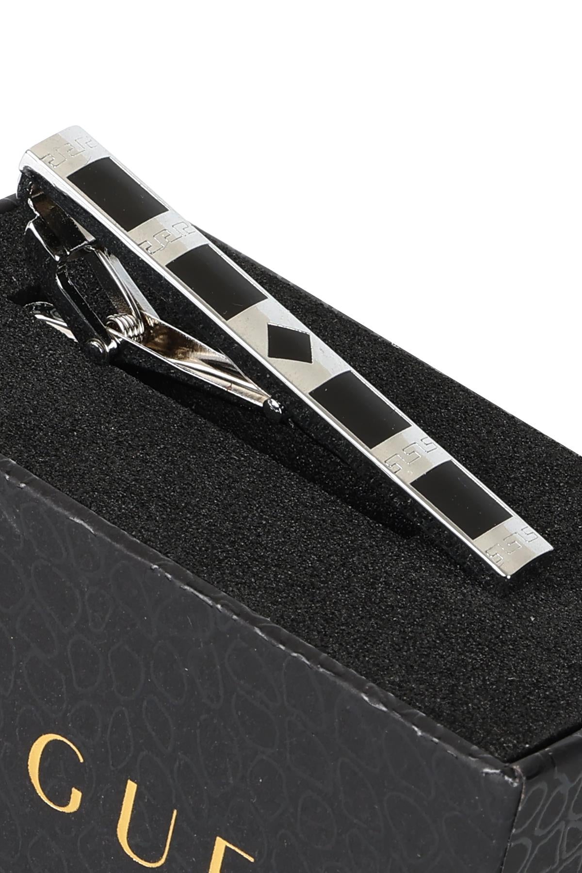 Esgue Gümüş Siyah Renk Kare Desenli Modern Kravat Klipsi – KM:1311