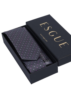 Esgue Hand Made 6 cm Slim Artı Desen Gri Lila Renk Mendilli İnce Kravat