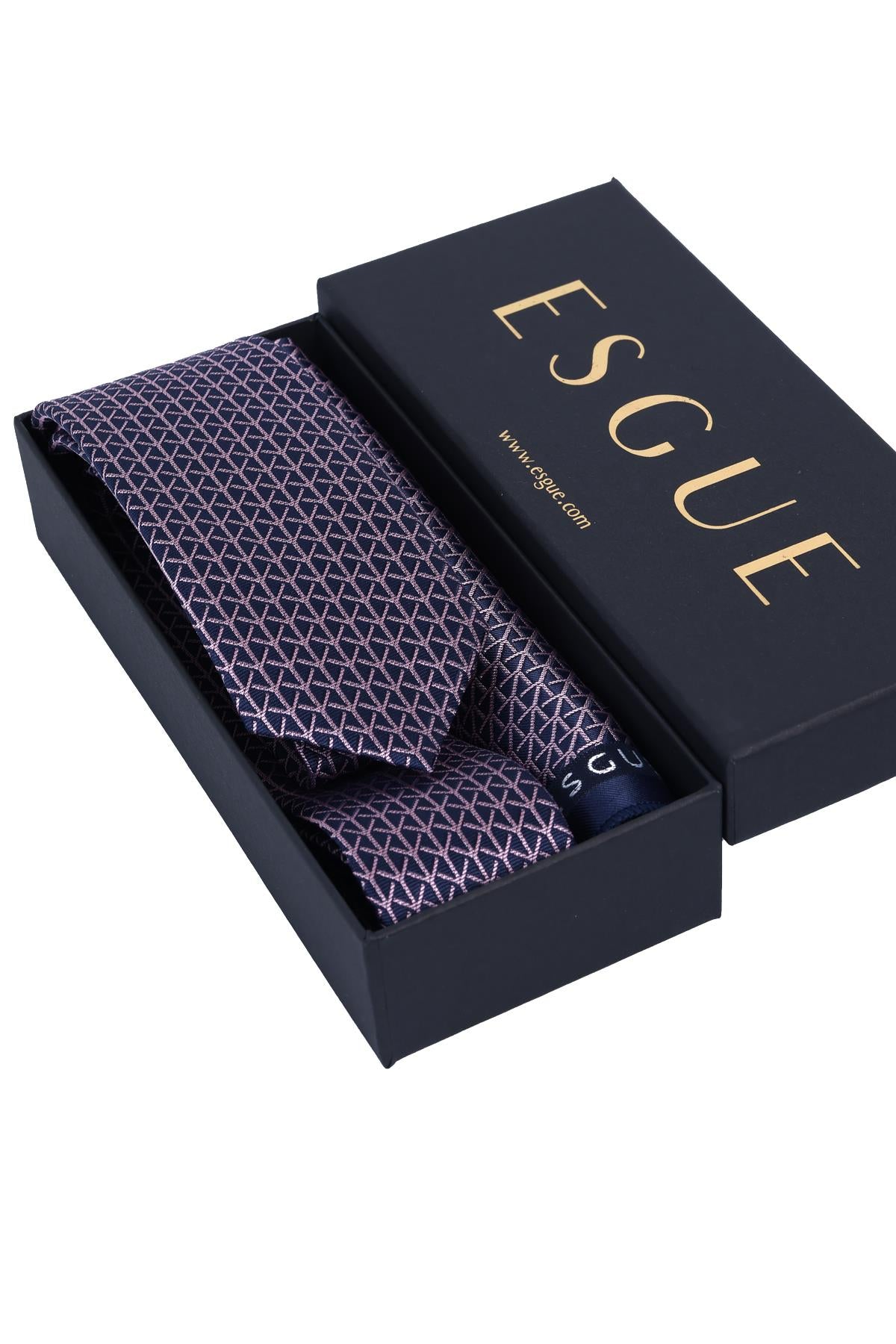 Esgue Hand Made 6 cm Slim Çizgi Desenli Lacivert Pembe Renk Mendilli İnce Kravat