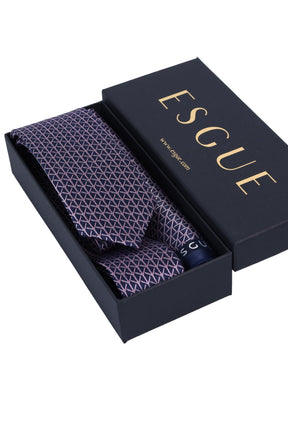 Esgue Hand Made 6 cm Slim Çizgi Desenli Lacivert Pembe Renk Mendilli İnce Kravat