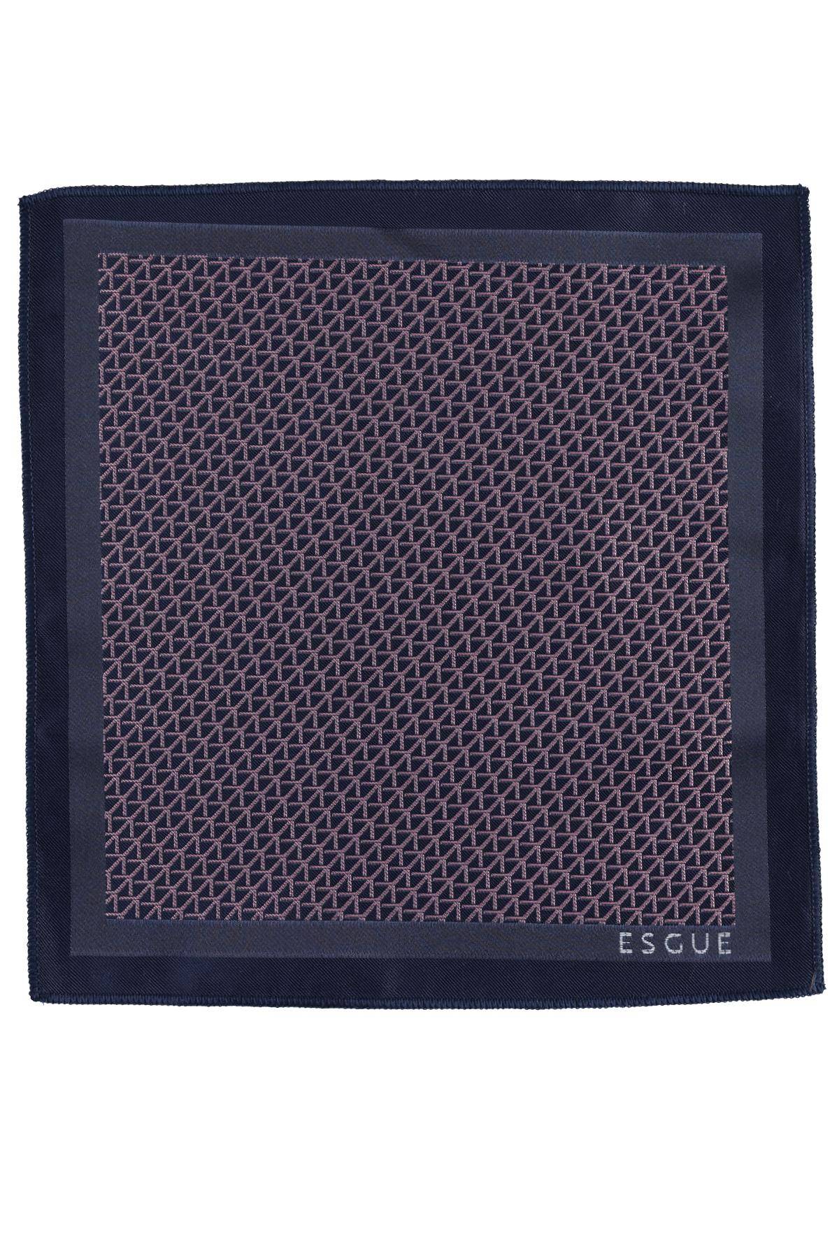 Esgue Hand Made 6 cm Slim Çizgi Desenli Lacivert Pembe Renk Mendilli İnce Kravat