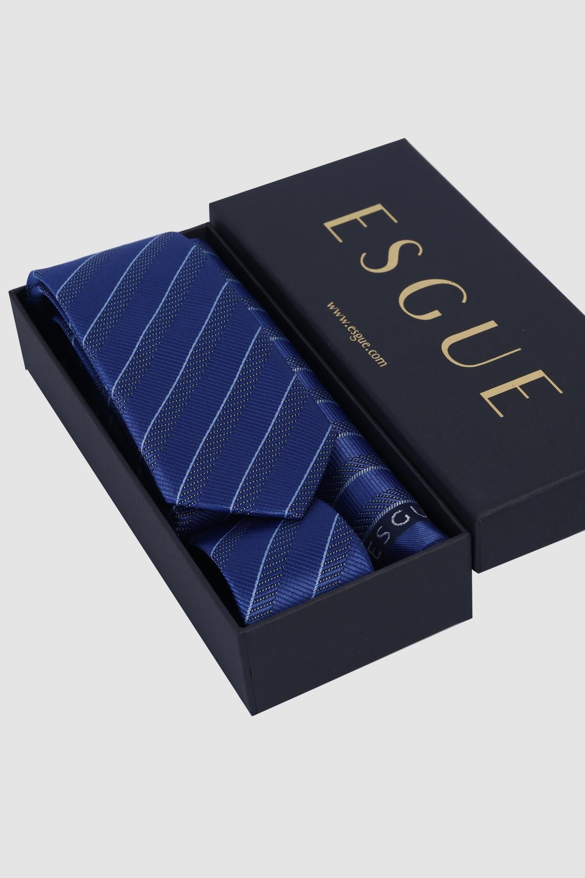 Esgue Hand Made 6 cm Slim Çizgili Desen A.Lacivert Mendilli İnce Kravat