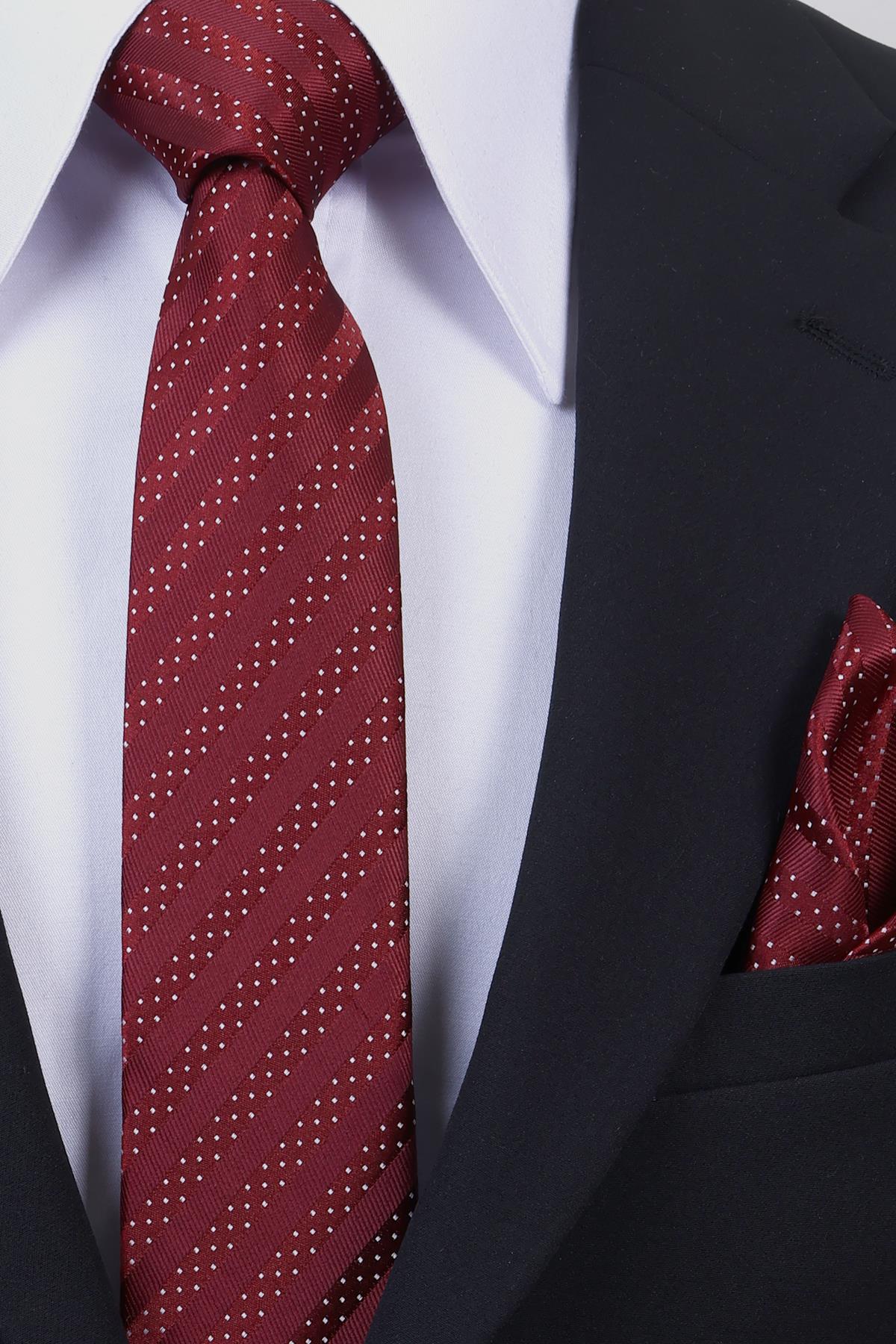 Esgue Hand Made 6 cm Slim Çizgili Desen Bordo Beyaz Renk Mendilli İnce Kravat