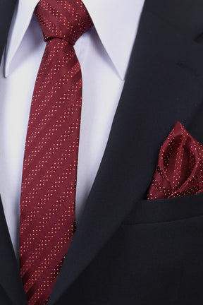 Esgue Hand Made 6 cm Slim Çizgili Desen Bordo Beyaz Renk Mendilli İnce Kravat