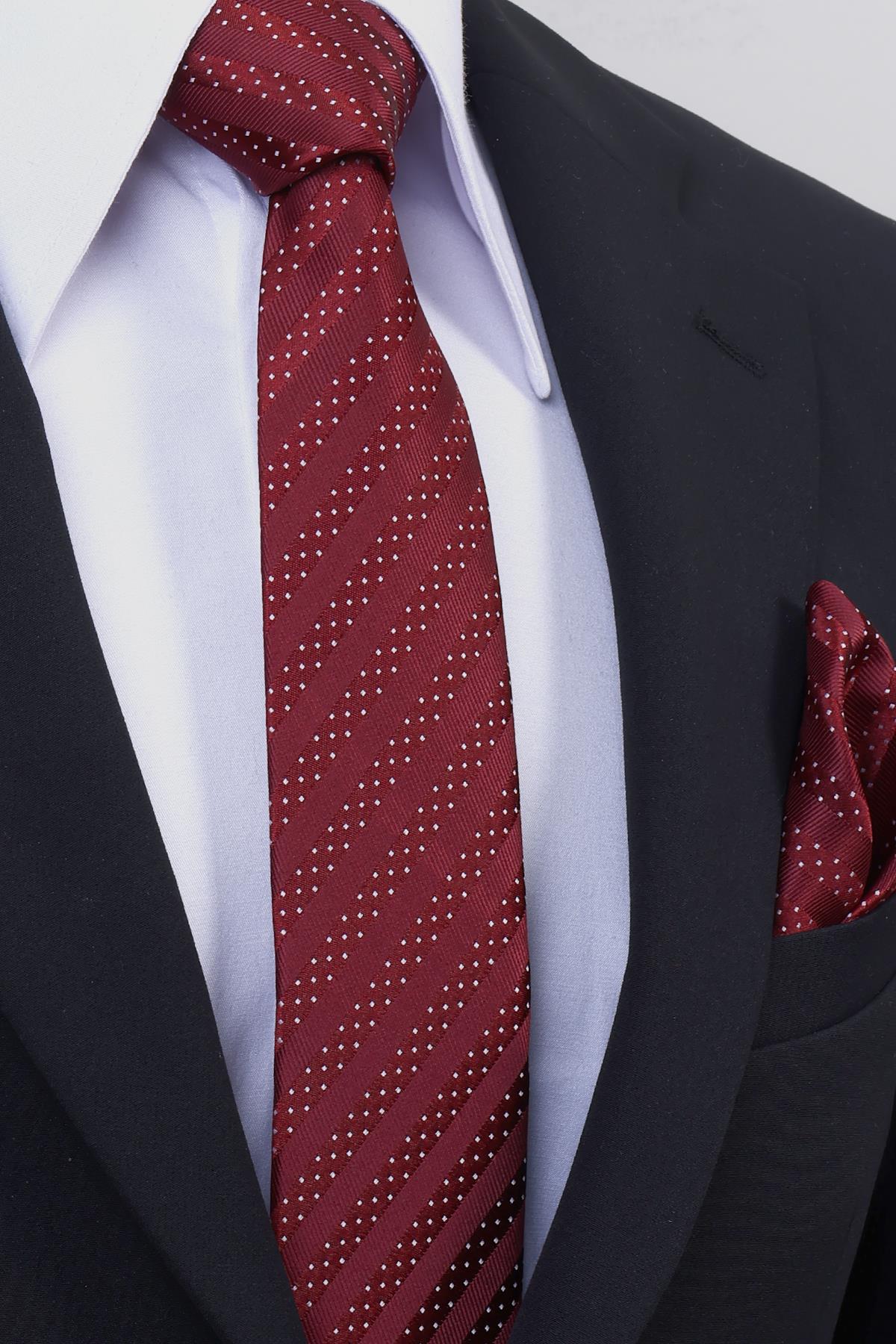 Esgue Hand Made 6 cm Slim Çizgili Desen Bordo Beyaz Renk Mendilli İnce Kravat