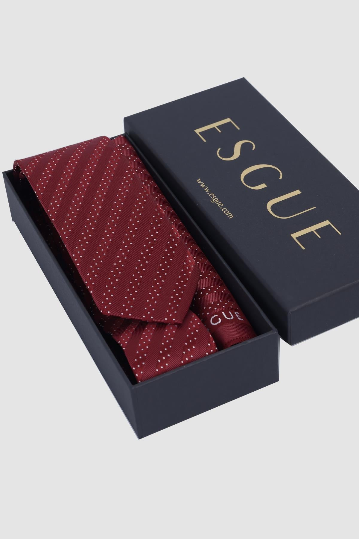 Esgue Hand Made 6 cm Slim Çizgili Desen Bordo Beyaz Renk Mendilli İnce Kravat