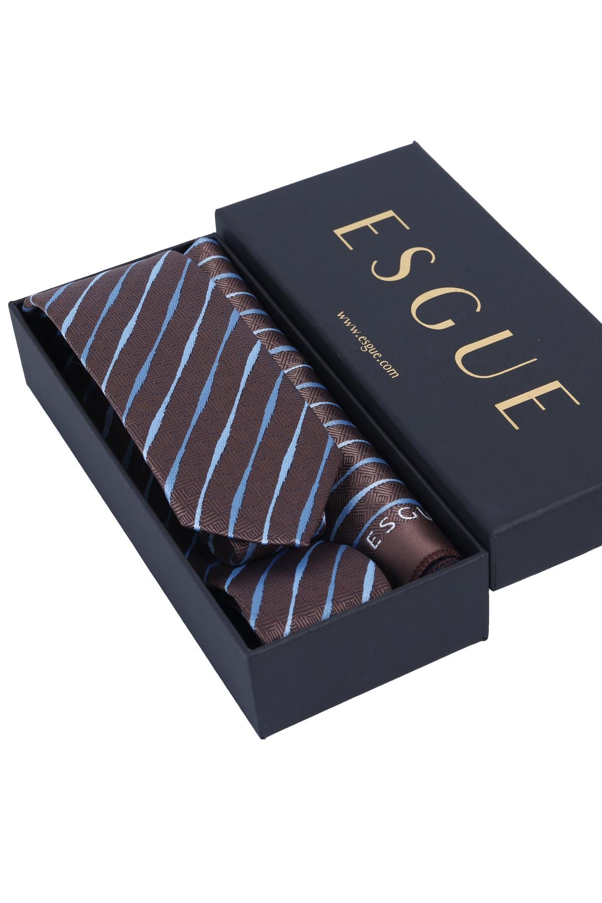 Esgue Hand Made 6 cm Slim Çizgili Desen Kahverengi Mavi Renk Mendilli İnce Kravat