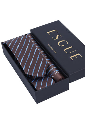 Esgue Hand Made 6 cm Slim Çizgili Desen Kahverengi Mavi Renk Mendilli İnce Kravat