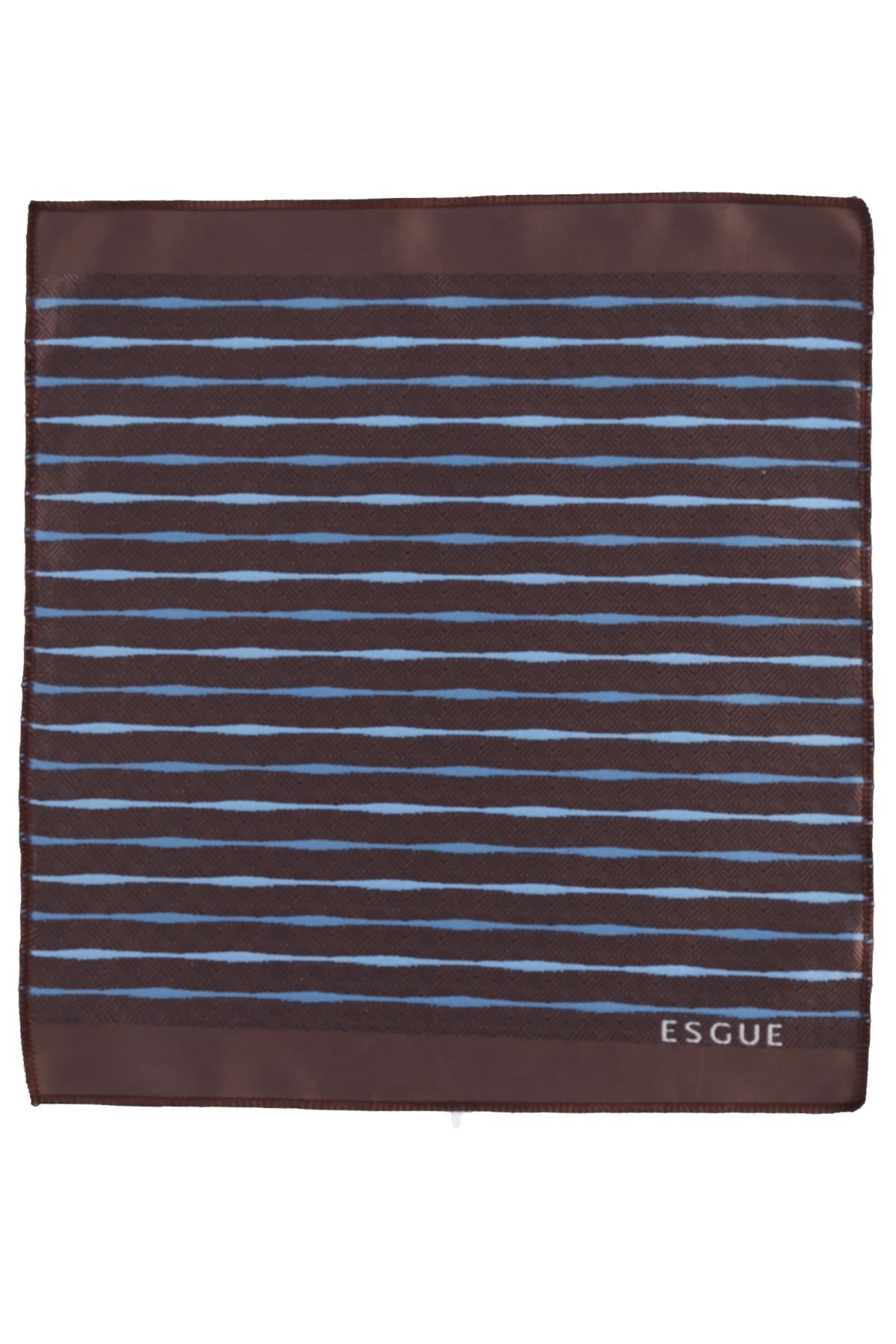 Esgue Hand Made 6 cm Slim Çizgili Desen Kahverengi Mavi Renk Mendilli İnce Kravat