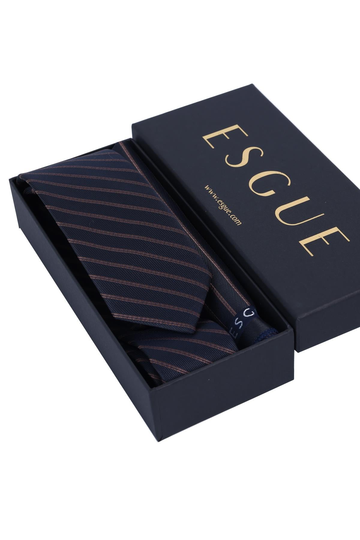 Esgue Hand Made 6 cm Slim Çizgili Desen Lacivert Kahve Renk Mendilli İnce Kravat