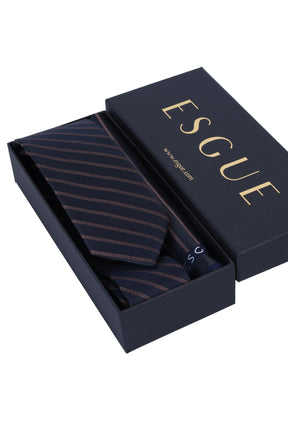 Esgue Hand Made 6 cm Slim Çizgili Desen Lacivert Kahve Renk Mendilli İnce Kravat