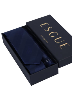 Esgue Hand Made 6 cm Slim Çizgili Desen Lacivert Renk Mendilli İnce Kravat