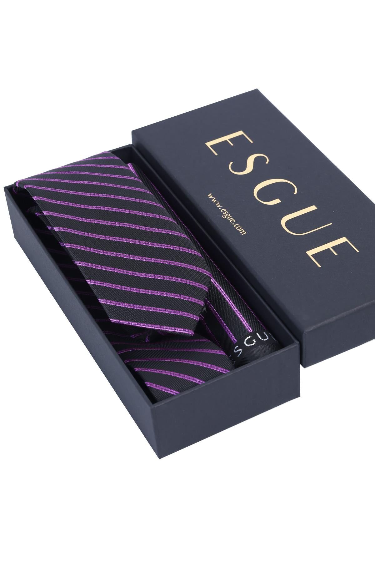 Esgue Hand Made 6 cm Slim Çizgili Desen Siyah Mor Renk Mendilli İnce Kravat