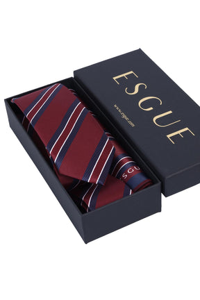 Esgue Hand Made 6 cm Slim Çizgili Desenli Bordo Lacivert Renk Mendilli İnce Kravat