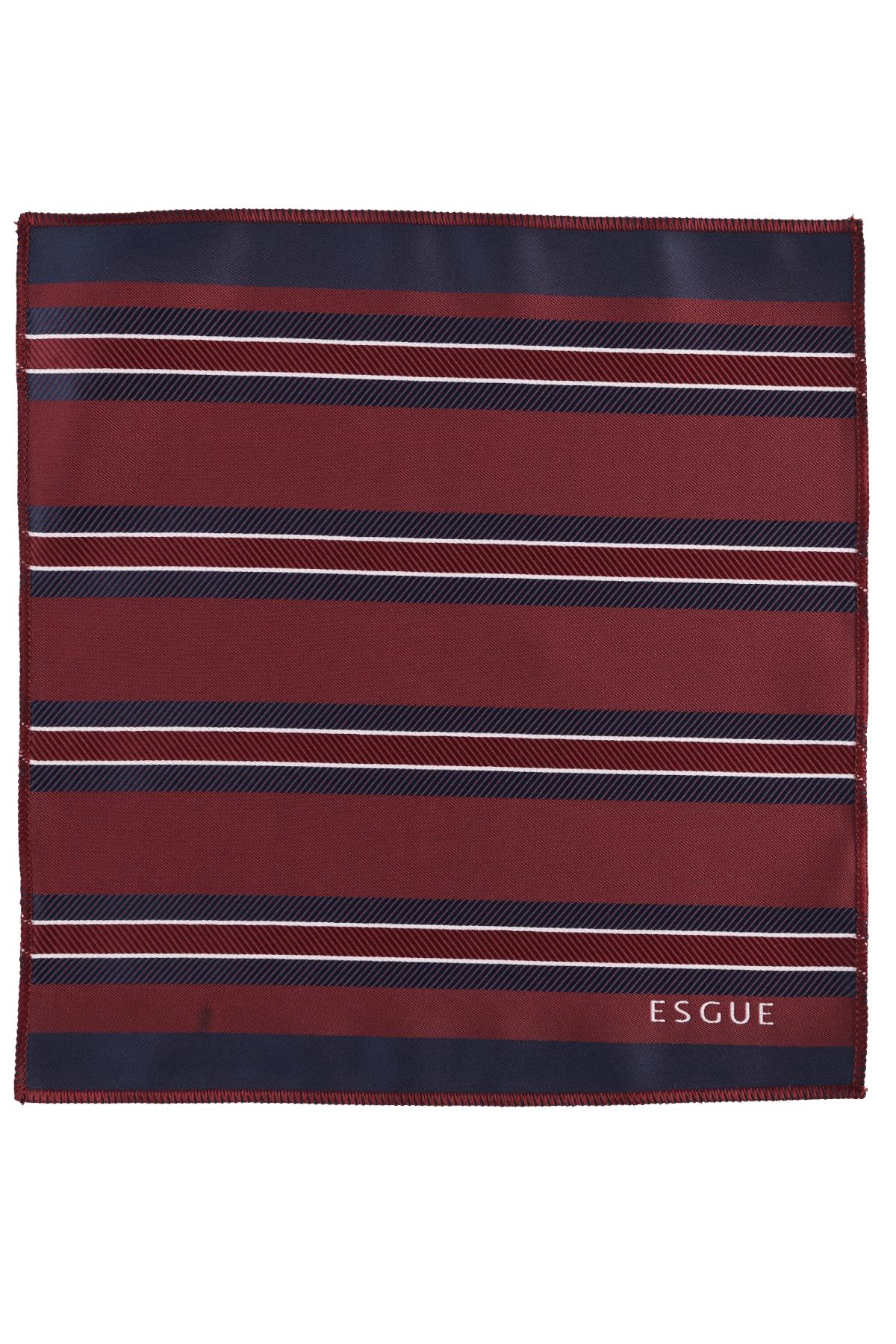 Esgue Hand Made 6 cm Slim Çizgili Desenli Bordo Lacivert Renk Mendilli İnce Kravat