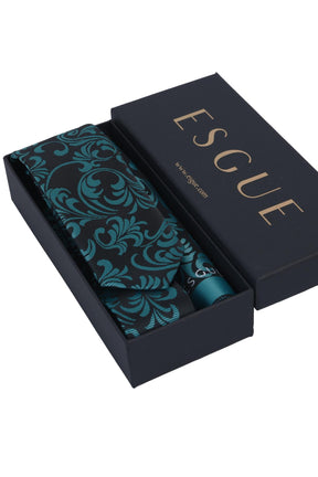 Esgue Hand Made 6 cm Slim Dalgalı Desen Siyah Petrol Yeşili Mendilli İnce Kravat
