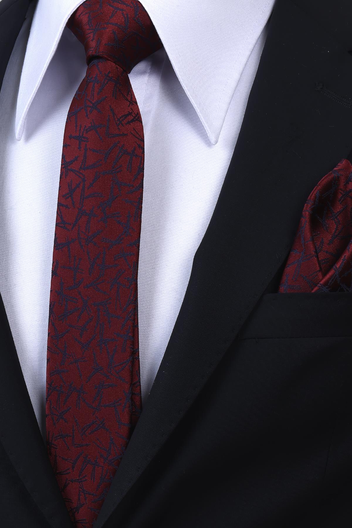 Esgue Hand Made 6 cm Slim Desenli Bordo Lacivert Renk Mendilli İnce Kravat