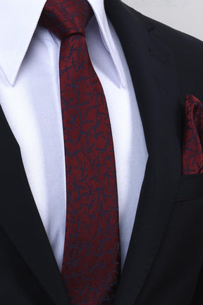 Esgue Hand Made 6 cm Slim Desenli Bordo Lacivert Renk Mendilli İnce Kravat