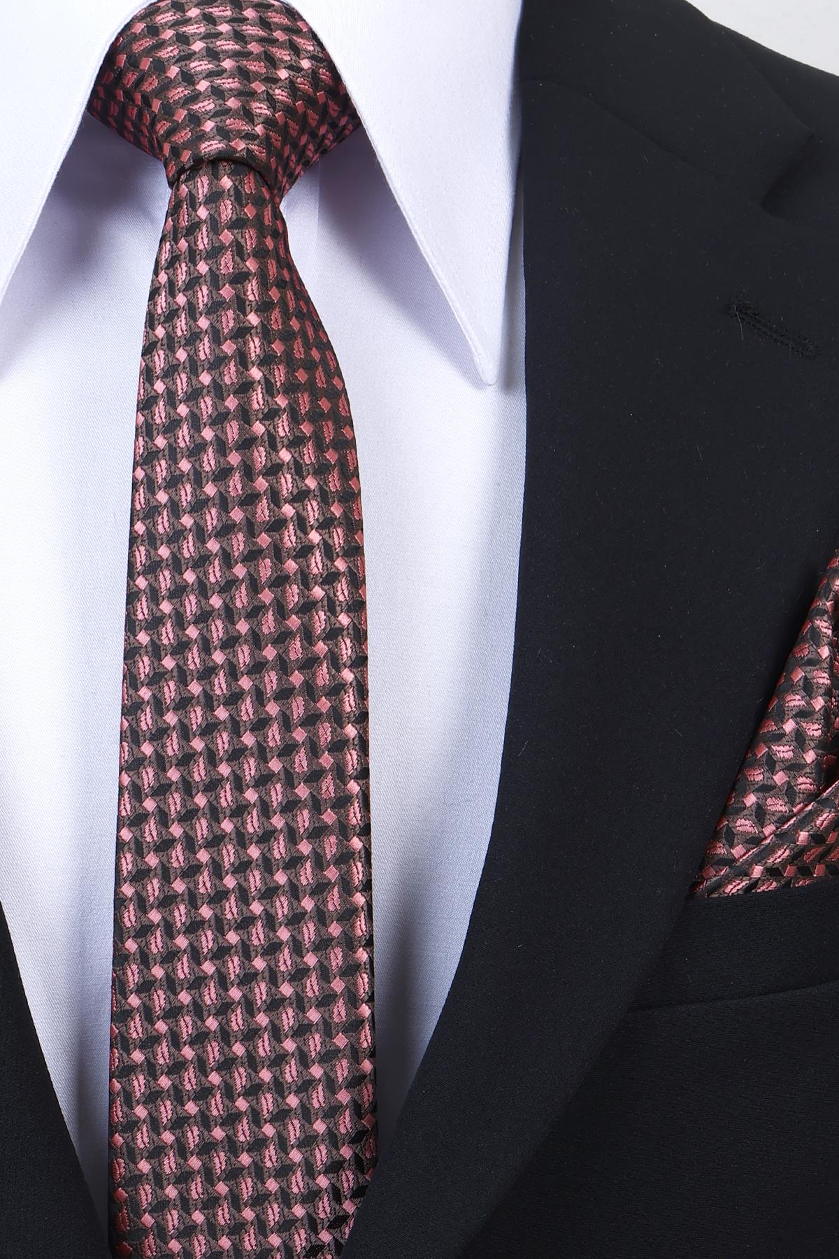 Esgue Hand Made 6 cm Slim  Desenli Kahverengi Pembe Renk Mendilli İnce Kravat