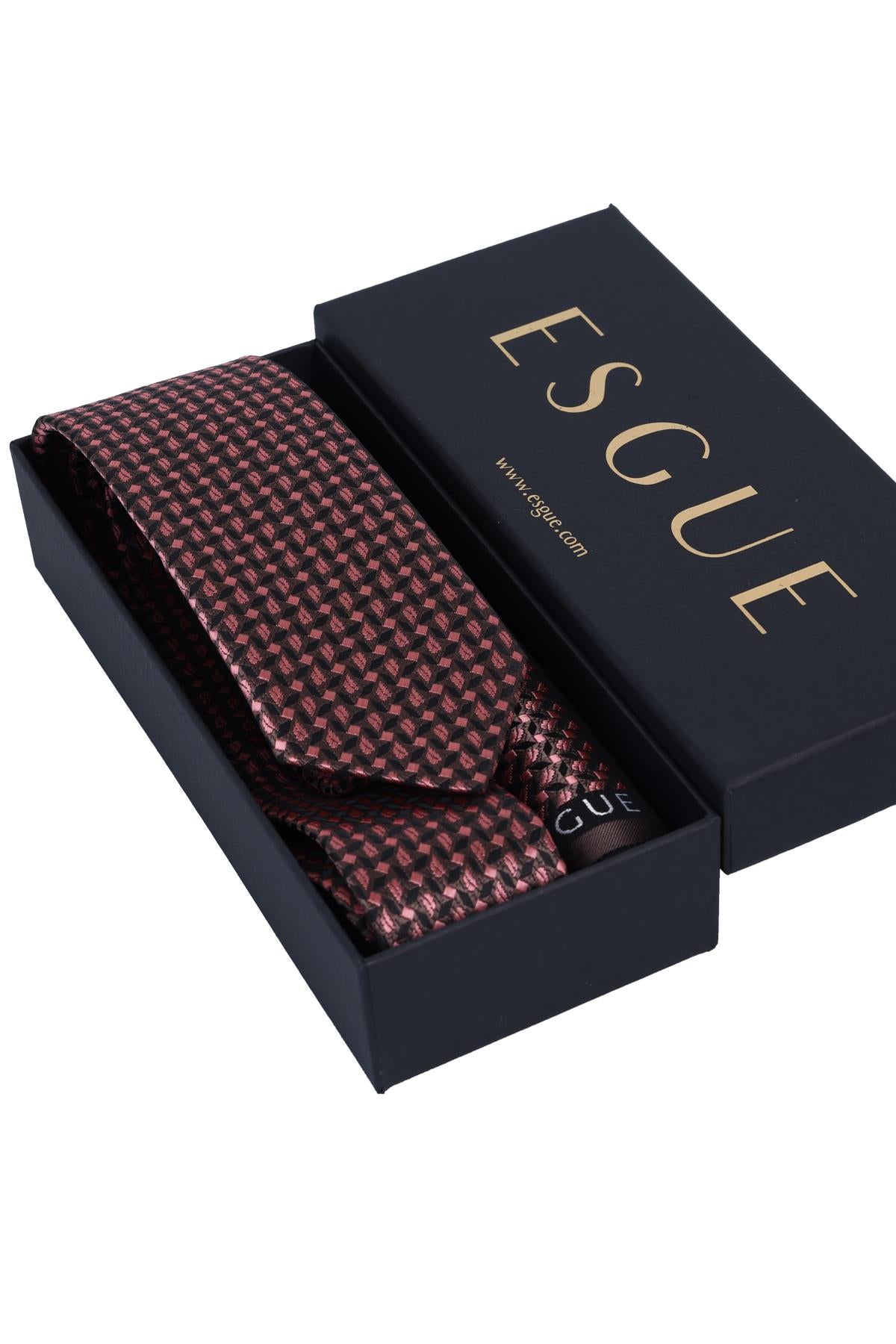 Esgue Hand Made 6 cm Slim  Desenli Kahverengi Pembe Renk Mendilli İnce Kravat