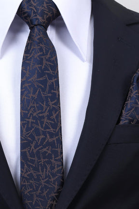 Esgue Hand Made 6 cm Slim Desenli Lacivert Kahve Renk Mendilli İnce Kravat