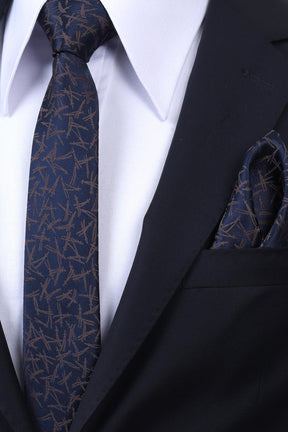 Esgue Hand Made 6 cm Slim Desenli Lacivert Kahve Renk Mendilli İnce Kravat