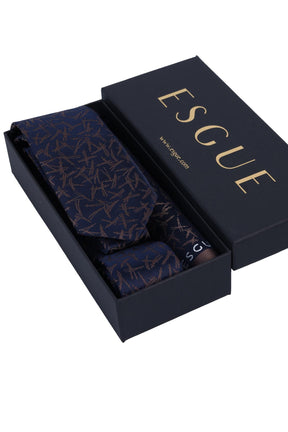 Esgue Hand Made 6 cm Slim Desenli Lacivert Kahve Renk Mendilli İnce Kravat