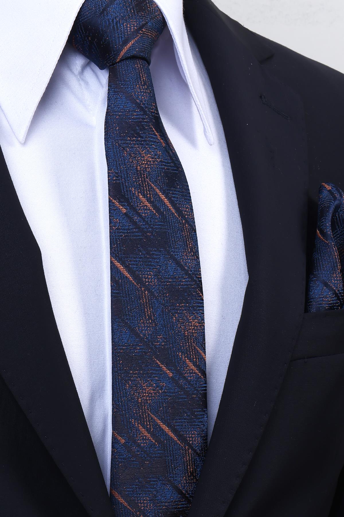 Esgue Hand Made 6 cm Slim Desenli Lacivert Kiremit Renk Mendilli İnce Kravat