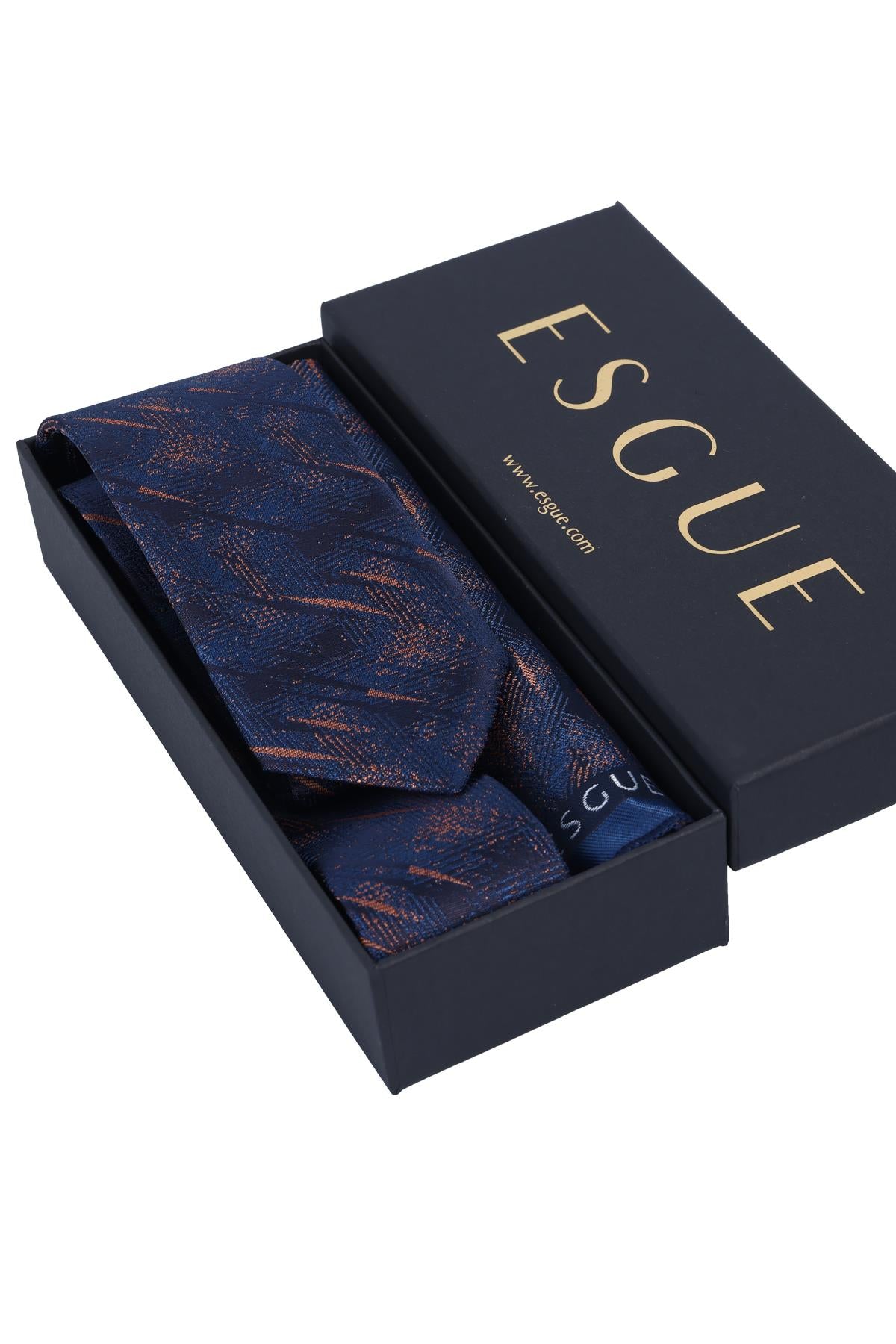 Esgue Hand Made 6 cm Slim Desenli Lacivert Kiremit Renk Mendilli İnce Kravat