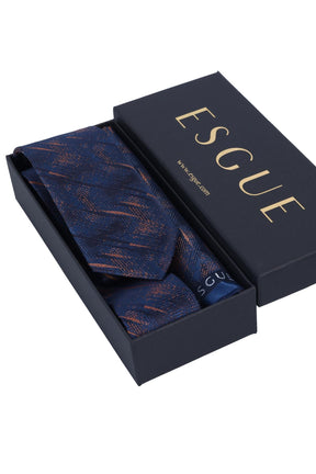 Esgue Hand Made 6 cm Slim Desenli Lacivert Kiremit Renk Mendilli İnce Kravat