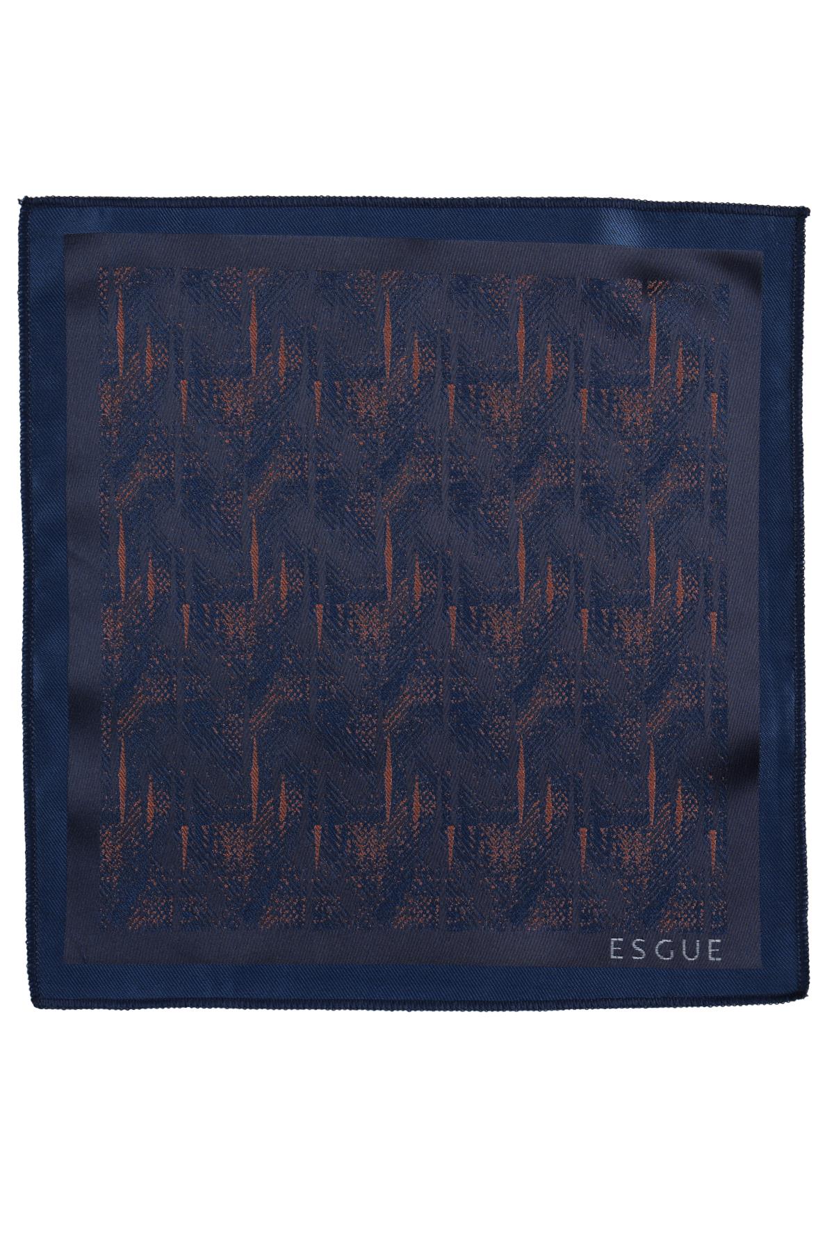 Esgue Hand Made 6 cm Slim Desenli Lacivert Kiremit Renk Mendilli İnce Kravat