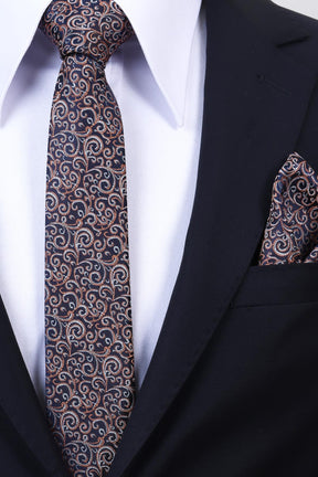 Esgue Hand Made 6 cm Slim Desenli Lacivert Kiremit Renk Mendilli İnce Kravat