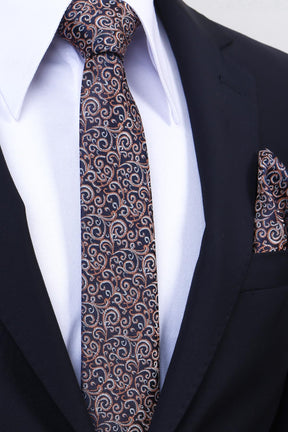 Esgue Hand Made 6 cm Slim Desenli Lacivert Kiremit Renk Mendilli İnce Kravat