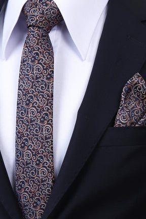 Esgue Hand Made 6 cm Slim Desenli Lacivert Kiremit Renk Mendilli İnce Kravat