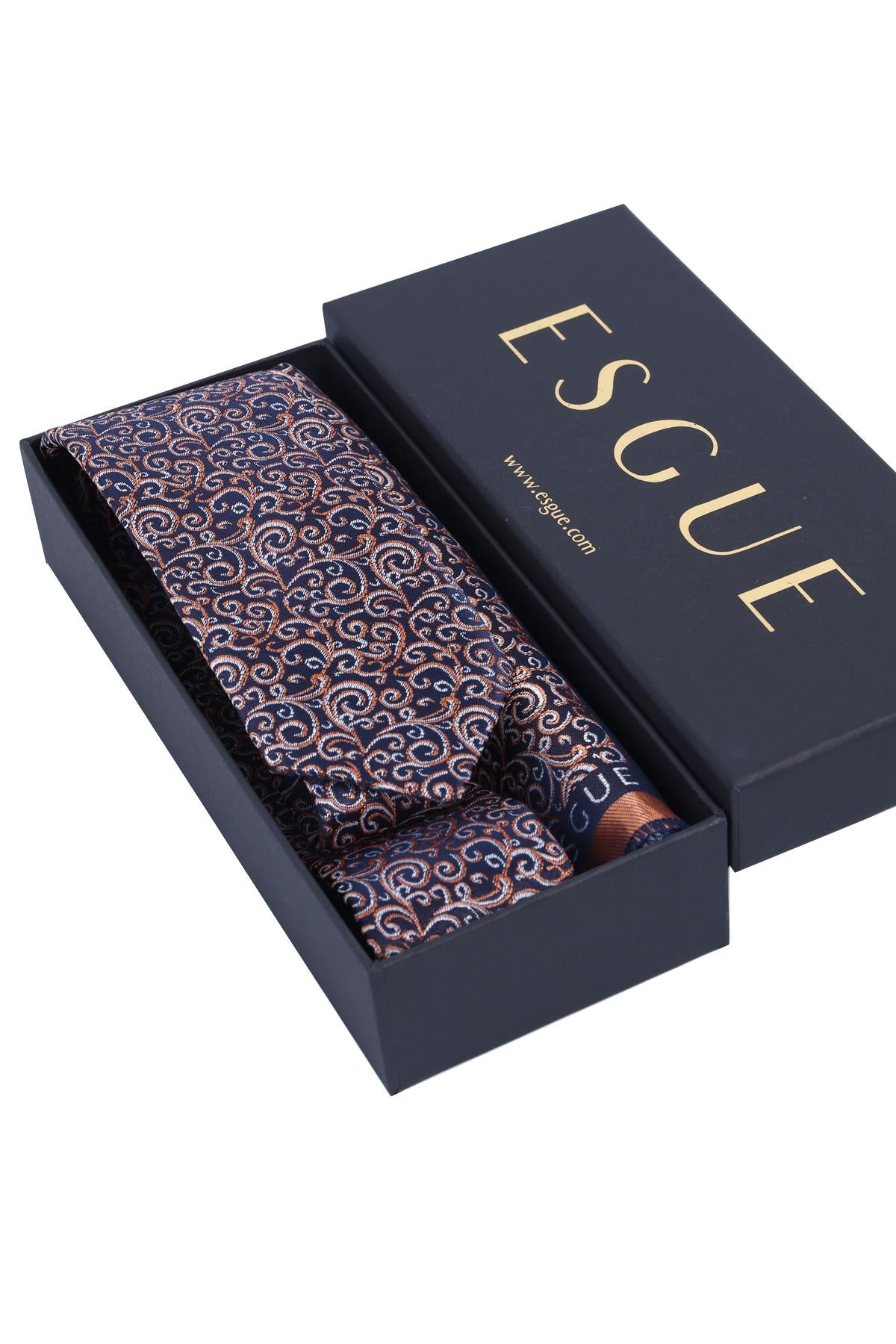 Esgue Hand Made 6 cm Slim Desenli Lacivert Kiremit Renk Mendilli İnce Kravat
