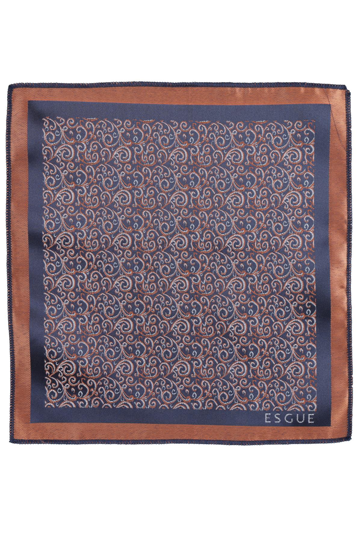 Esgue Hand Made 6 cm Slim Desenli Lacivert Kiremit Renk Mendilli İnce Kravat