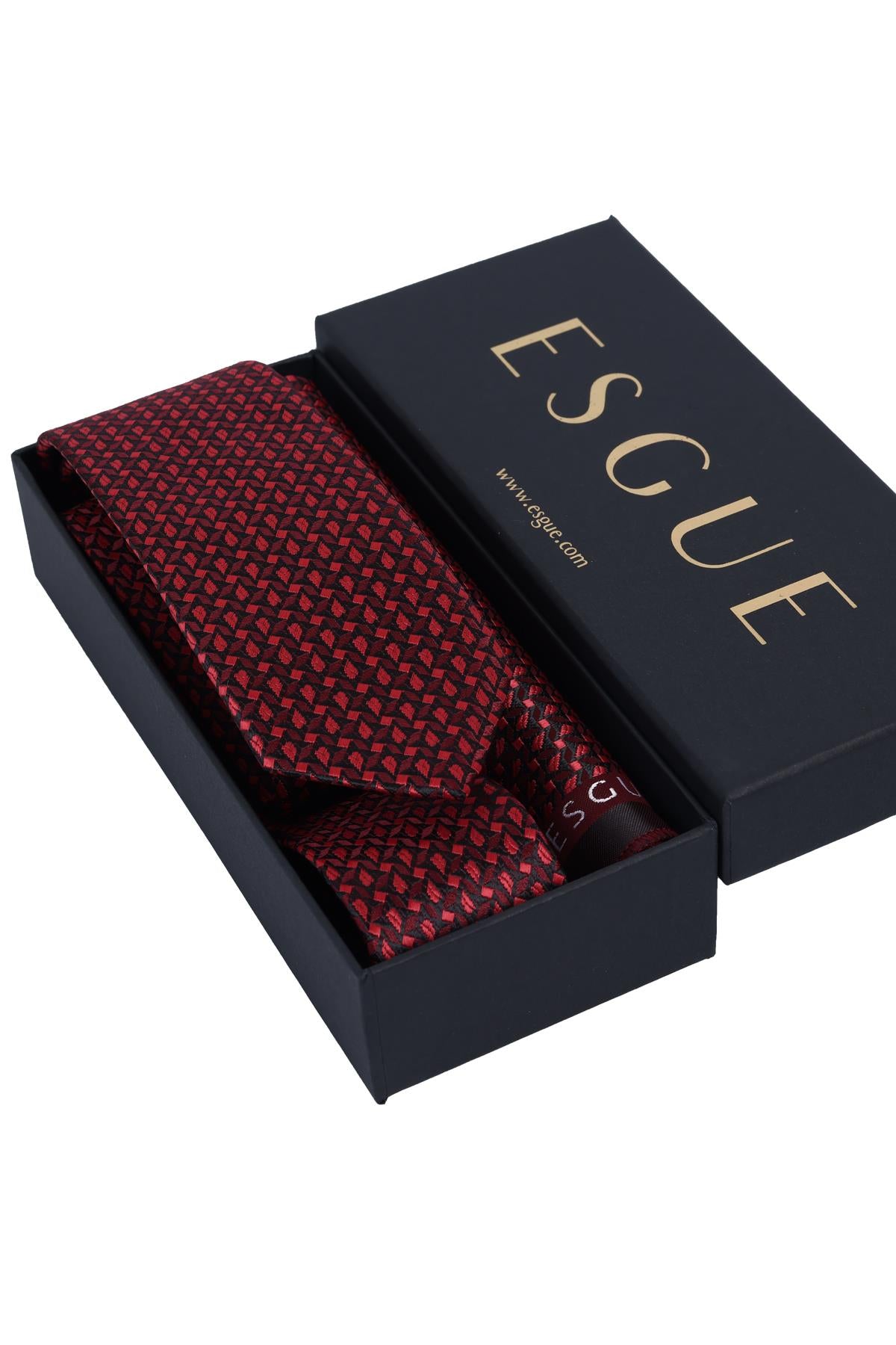 Esgue Hand Made 6 cm Slim  Desenli Siyah Kırmızı Renk Mendilli İnce Kravat