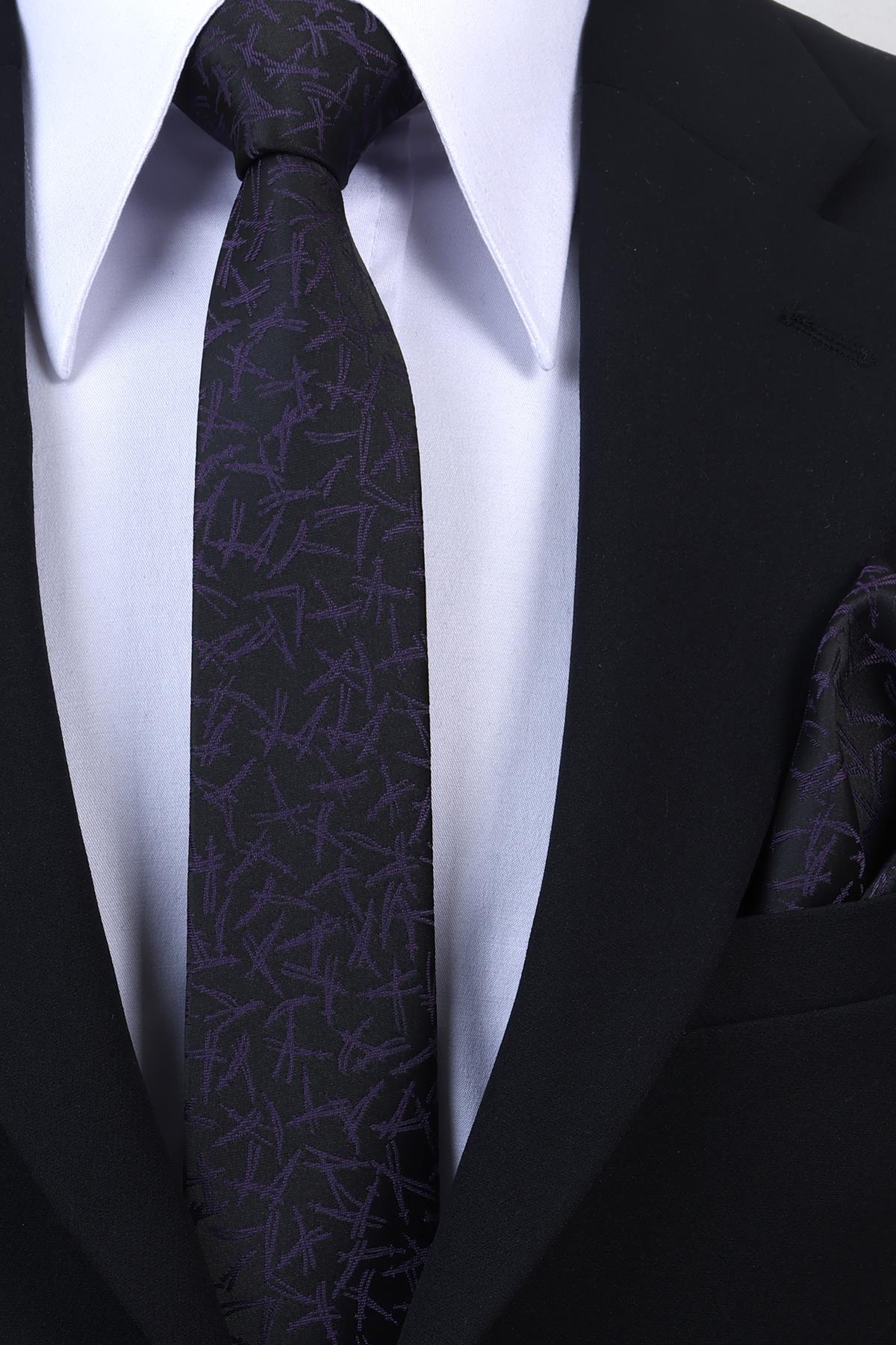 Esgue Hand Made 6 cm Slim Desenli Siyah Mor Renk Mendilli İnce Kravat