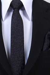 Esgue Hand Made 6 cm Slim Desenli Siyah Mor Renk Mendilli İnce Kravat