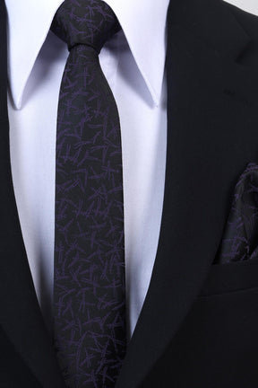 Esgue Hand Made 6 cm Slim Desenli Siyah Mor Renk Mendilli İnce Kravat
