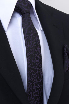 Esgue Hand Made 6 cm Slim Desenli Siyah Mor Renk Mendilli İnce Kravat