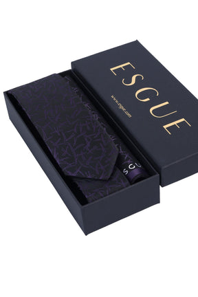 Esgue Hand Made 6 cm Slim Desenli Siyah Mor Renk Mendilli İnce Kravat