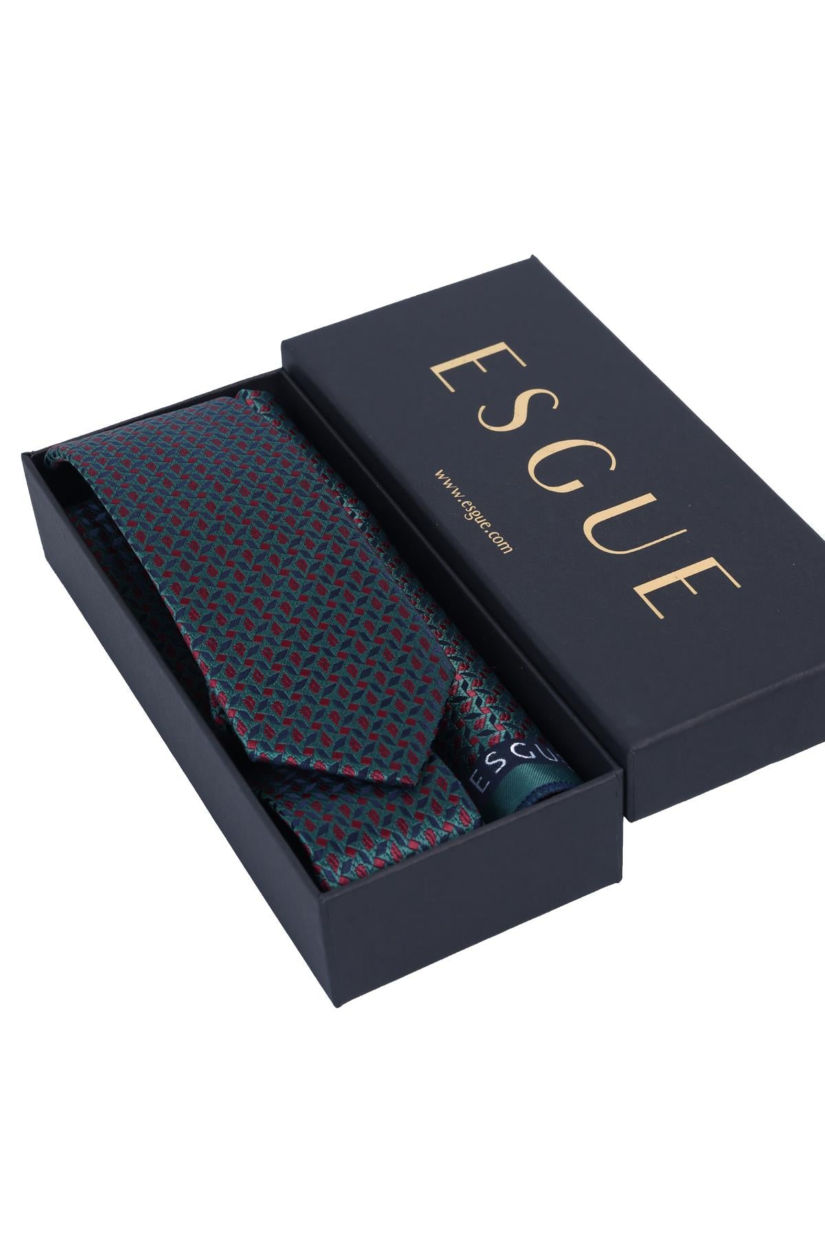 Esgue Hand Made 6 cm Slim  Desenli Yeşil Kırmızı Renk Mendilli İnce Kravat